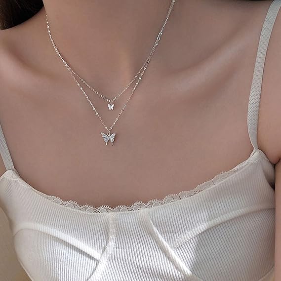 ZAGZIG Silver Butterfly Necklace – Double Layer