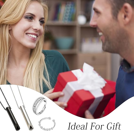 Stress relief necklaces with relief rings, perfect for breathing exercises and a thoughtful Valentine’s gift.